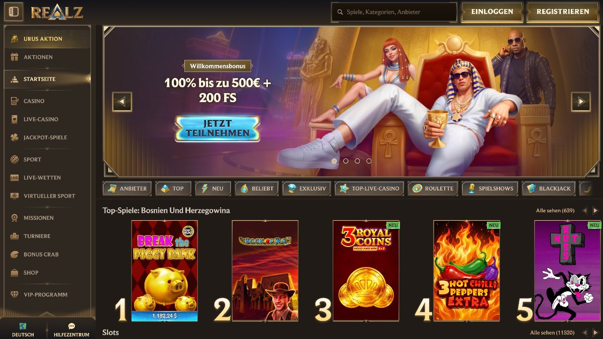 Stylisches Realz Casino im 'Urban Pharaoh' Look – kombiniert ägyptische Mystik mit modernem Streetstyle. Hol dir 100% Bonus bis zu 500 € + 200 Freispiele für den perfekten Start.